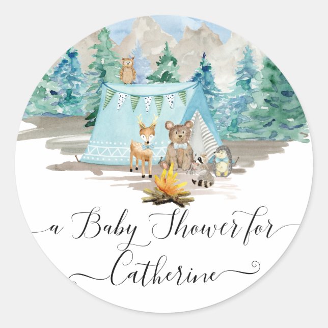 Deer Bear Forest Animals Rustic Boy Baby Shower Classic Round Sticker (Front)