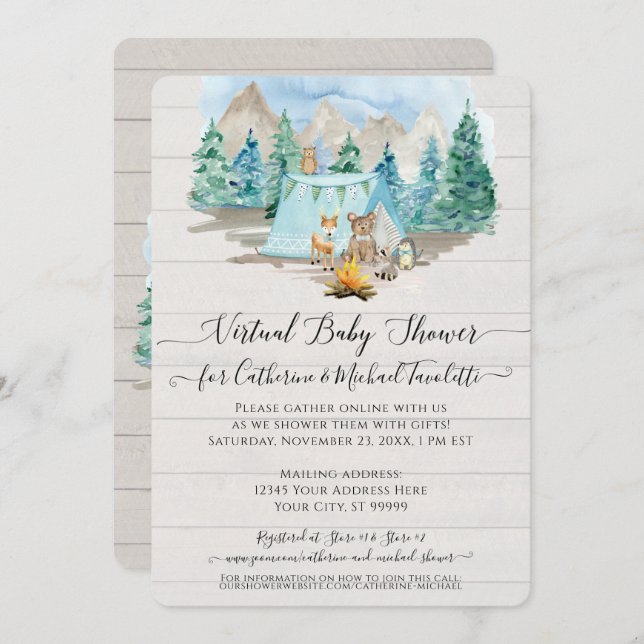 Deer Bear Rustic Wood Forest Virtual Baby Shower Invitation (Front/Back)