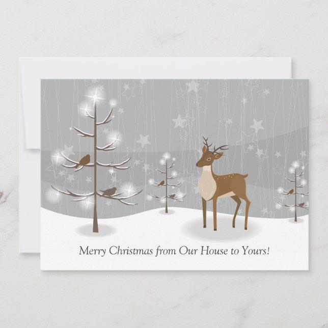 Deer Birds Snowflakes Forest Christmas Holiday Card (Front)
