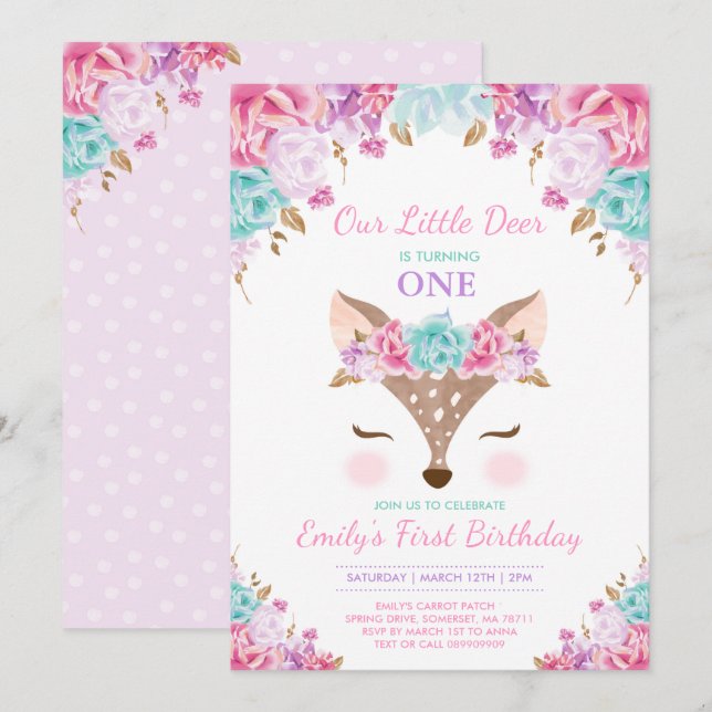 Deer Birthday Invitation Floral Woodland Deer (Front/Back)