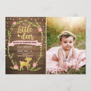 Deer birthday invite Girl Pink Gold Woodland Party