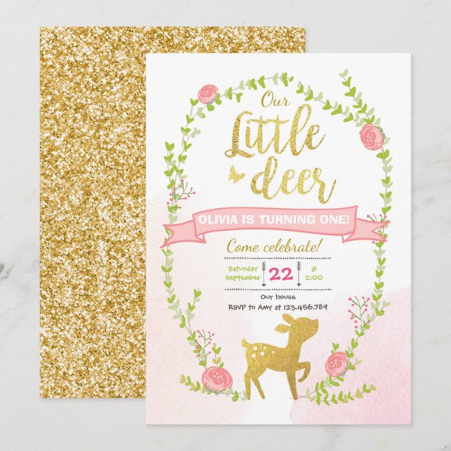 Deer birthday invite Girl Pink Gold Woodland Party (Front/Back)