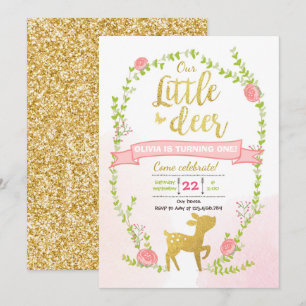 Deer birthday invite Girl Pink Gold Woodland Party