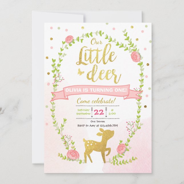 Deer birthday invite Girl Pink Gold Woodland Party (Front)