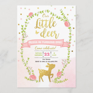 Deer birthday invite Girl Pink Gold Woodland Party