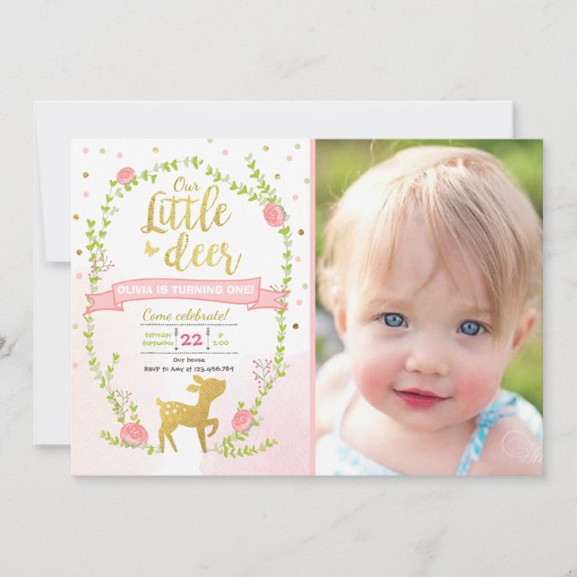 Deer birthday invite Girl Pink Gold Woodland Party (Front)