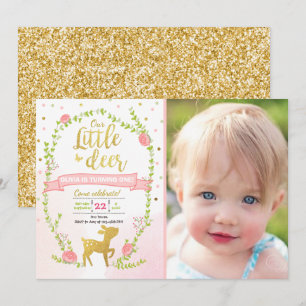 Deer birthday invite Girl Pink Gold Woodland Party