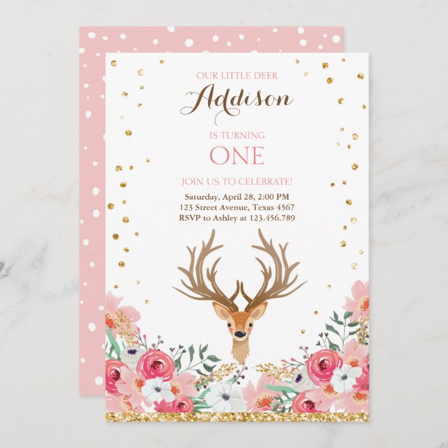 Deer birthday invite Woodland Gold Pink Floral (Front/Back)