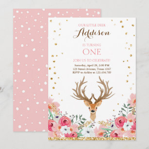 Deer birthday invite Woodland Gold Pink Floral