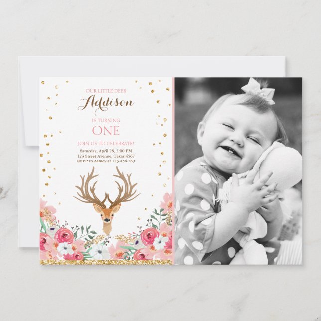 Deer birthday invite Woodland Gold Pink Floral (Front)