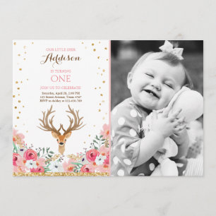 Deer birthday invite Woodland Gold Pink Floral