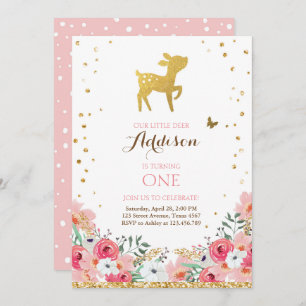 Deer birthday invite Woodland Gold Pink Floral