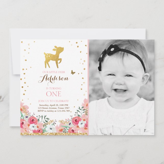 Deer birthday invite Woodland Gold Pink Floral (Front)