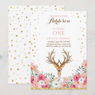 Deer birthday invite Woodland Gold Pink Floral