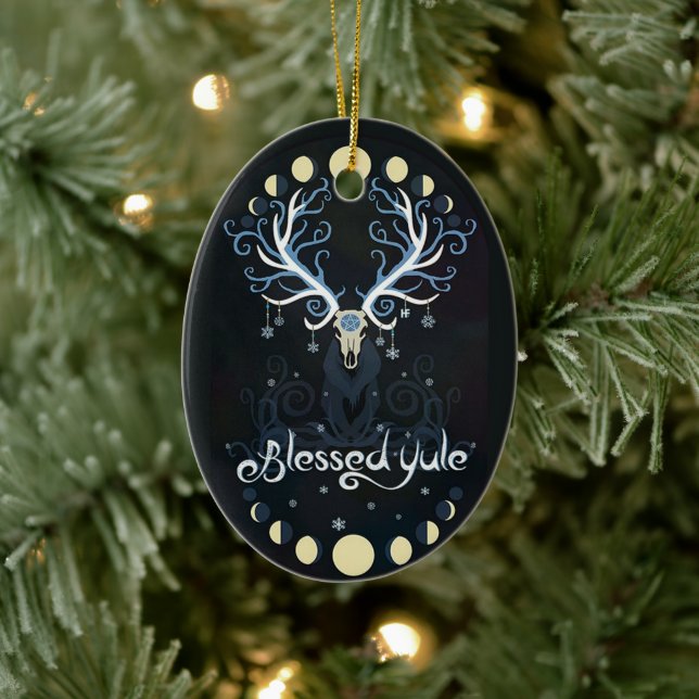 Deer Blessed Yule Moon Pharse Witch Pagan Witchy Ceramic Ornament (Tree)