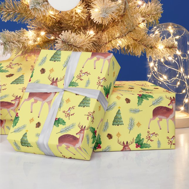 Deer blissful christmas yellow wrapping paper (Holidays)