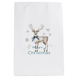 Deer Blue Bow Snowflakes Christmas Medium Gift Bag