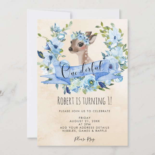 deer blue floral onederful 1st birthday invitation (Front)