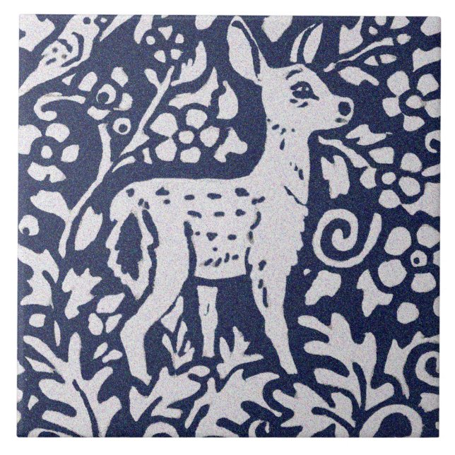 Deer Blue Grey Granite Stone Woodland Animal Art Ceramic Tile (Front)