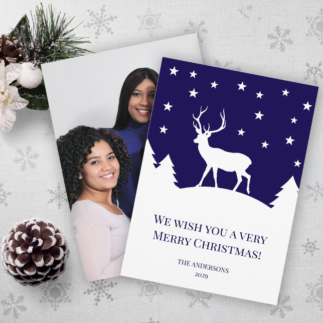 Deer Blue White Winter Christmas Family Photo Holiday Card (Creator Uploaded)