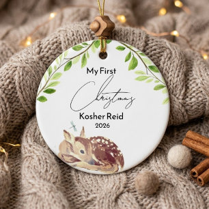 Deer Botanical Birth Stats Baby First Christmas Ceramic Ornament