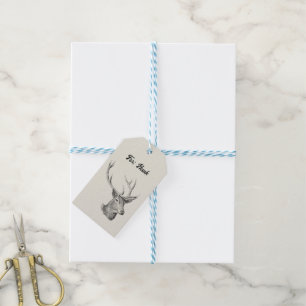 Deer Buck Head with Antlers Black and White Art Gift Tags
