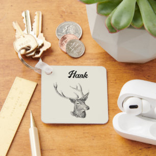 Deer Buck Head with Antlers Black and White Art Key Ring