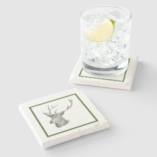 Deer Buck Head with Antlers Black and White Art Stone Coaster