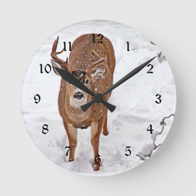Deer Buck in Winter Snow Round Clock (Front)