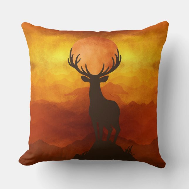 Deer Buck on top of Mountain with sunset Cushion (Front)