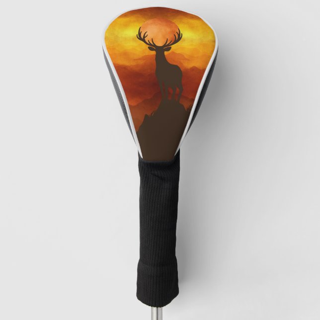 Deer Buck on top of Mountain with sunset Golf Head Cover (Front)
