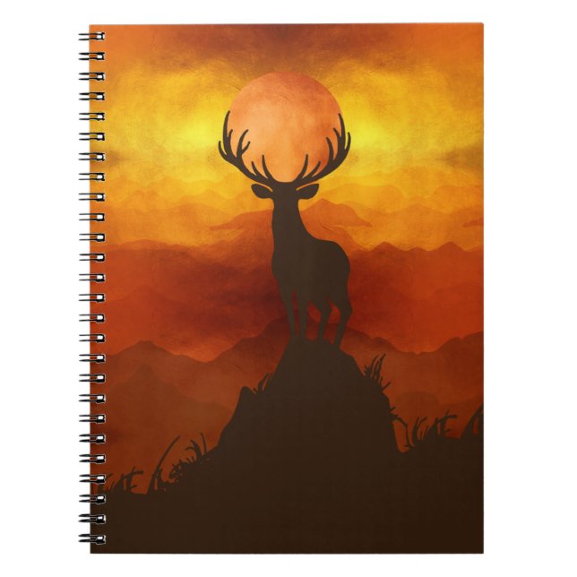 Deer Buck on top of Mountain with sunset Notebook (Front)