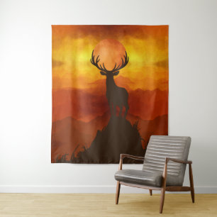 Deer Buck on top of Mountain with sunset Tapestry