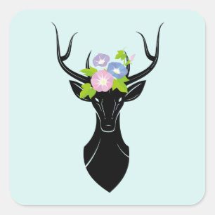 Deer Buck Silhouette Morning Glory flowers Animals Square Sticker