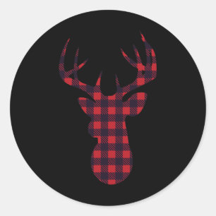Deer Buck Silhouette Red Plaid Matching Christmas  Classic Round Sticker