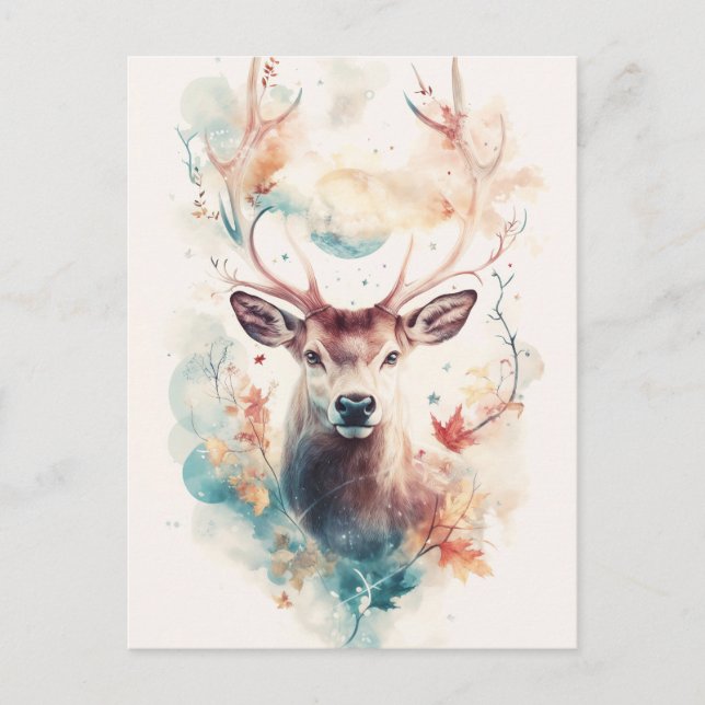 Deer Buck with Autumn Leaf and Blue Moon Postcard (Front)