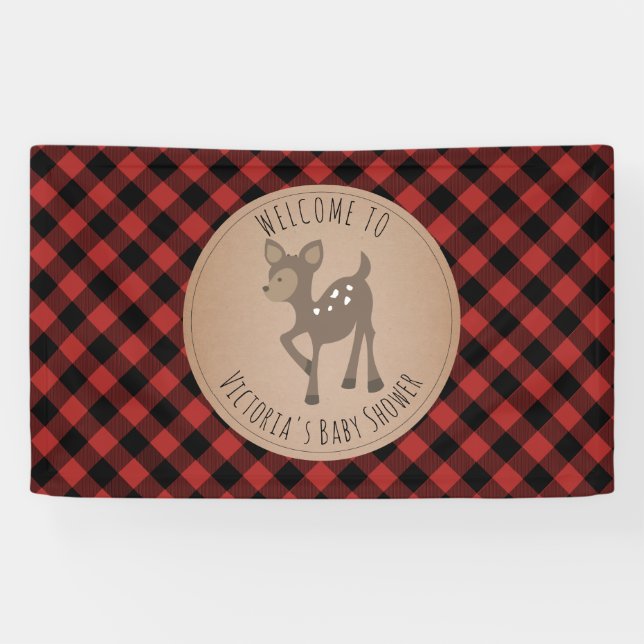 Deer Buffalo Plaid Baby Shower Welcome Banner (Horizontal)