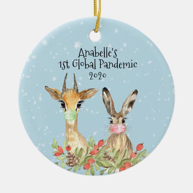 Deer Bunny Animal 1st Christmas Pandemic 2020 Ceramic Ornament (Front)