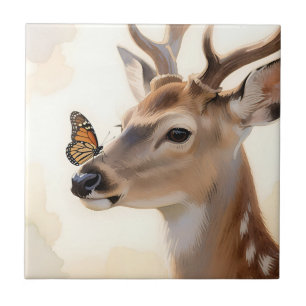 Deer Butterfly Watercolor Ceramic Tile
