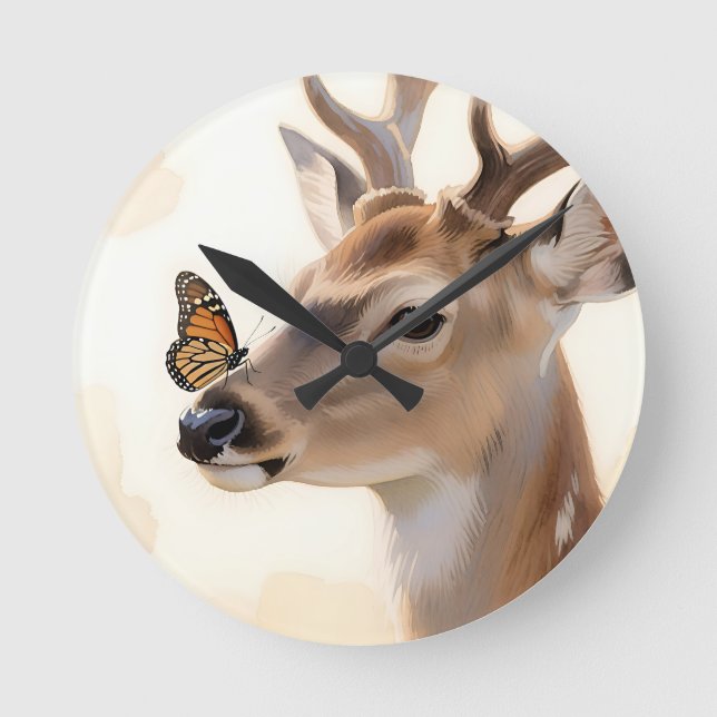 Deer Butterfly Watercolor Round Clock (Front)