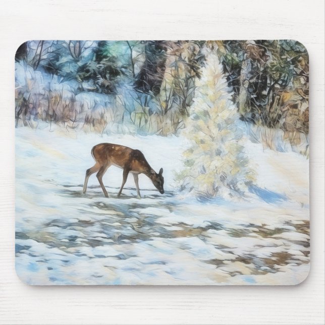 Deer by Snow Covery Christmas Tree Winter Mousepad (Front)