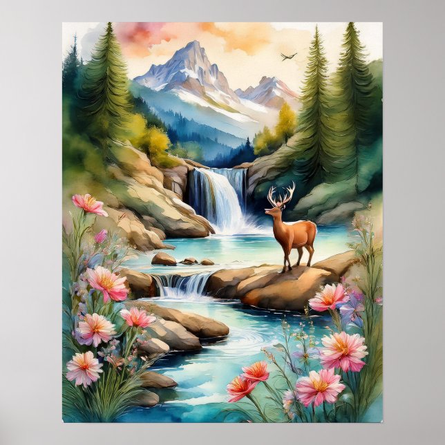 Deer by Waterfall 1 Poster (Front)