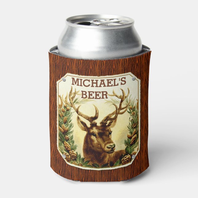 Deer Cabin Personalised Beer Rustic Wood Grain Can Cooler (Can Front)