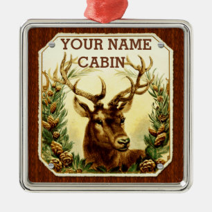Deer Cabin Personalised with Wood Grain Metal Ornament