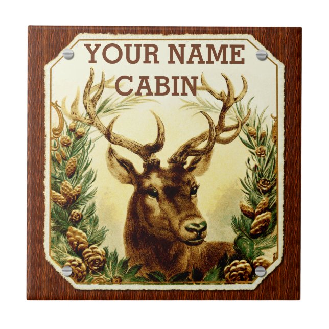 Deer Cabin Personalised with Wood Grain Tile (Front)