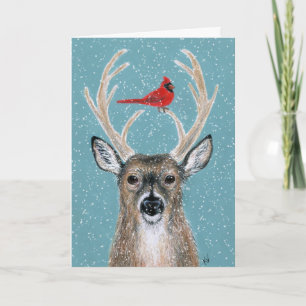 Deer, cardinal, snow, any occasion, birthday card