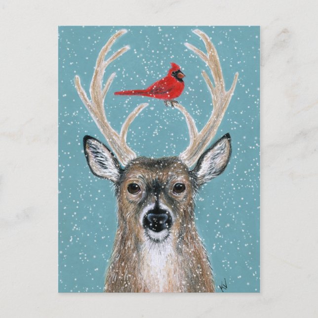 Deer, cardinal, snow, Christmas winter postcard (Front)