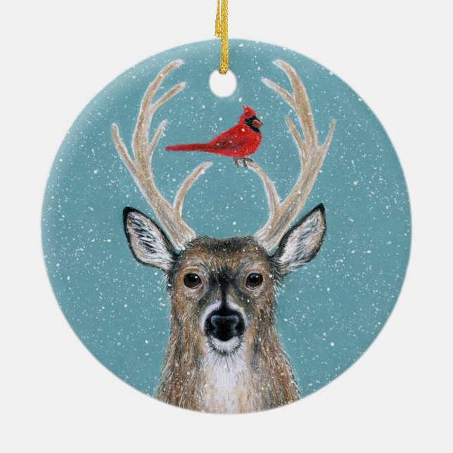 Deer, Cardinal, Snow, Woodland Snow ornament (Back)