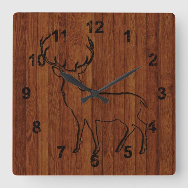 Deer Carved In Wood Effect Rustic Square Wall Clock (Front)