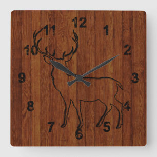 Deer Carved In Wood Effect Rustic Square Wall Clock